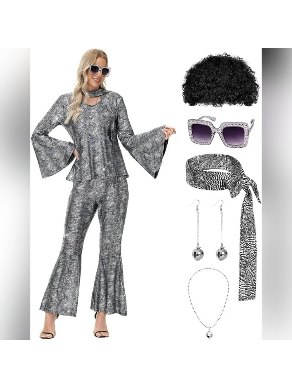 NIB TobWeal 70s Disco Costume Outfit with Accessories, Large